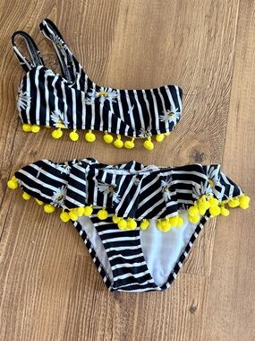 Nessi Byrd Kids 2 Piece Swimsuit Size 8 Daisy Stripe Pom Pom Bikini